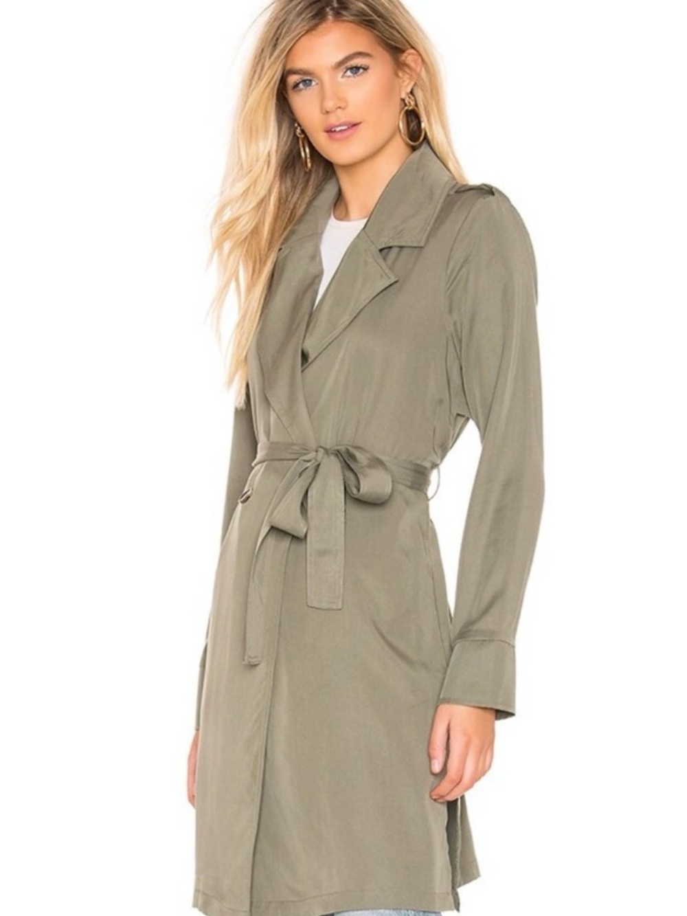 Lovers + Friends Light Olive Tie-Waist Trench Coat